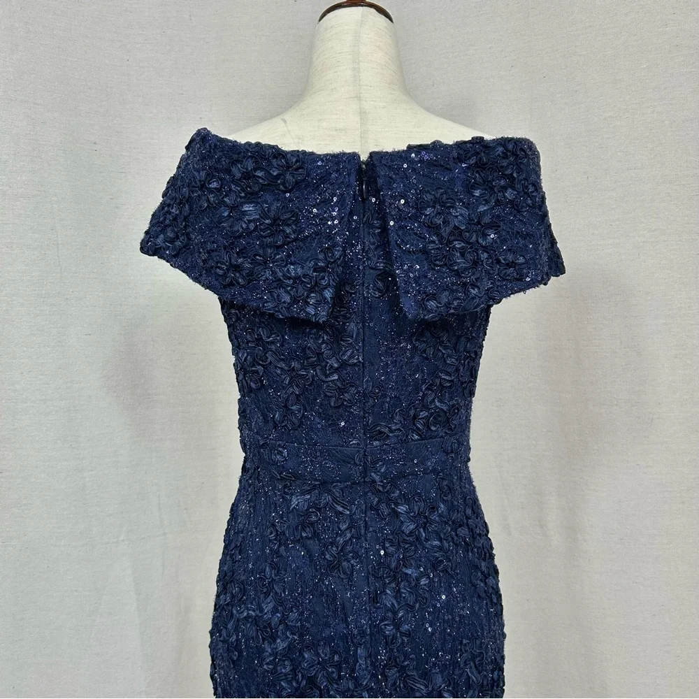 Xscape Navy Blue Rosette Sequin Lace Mermaid Off Shoulder Prom Gown Size 4 - Picture 7 of 10